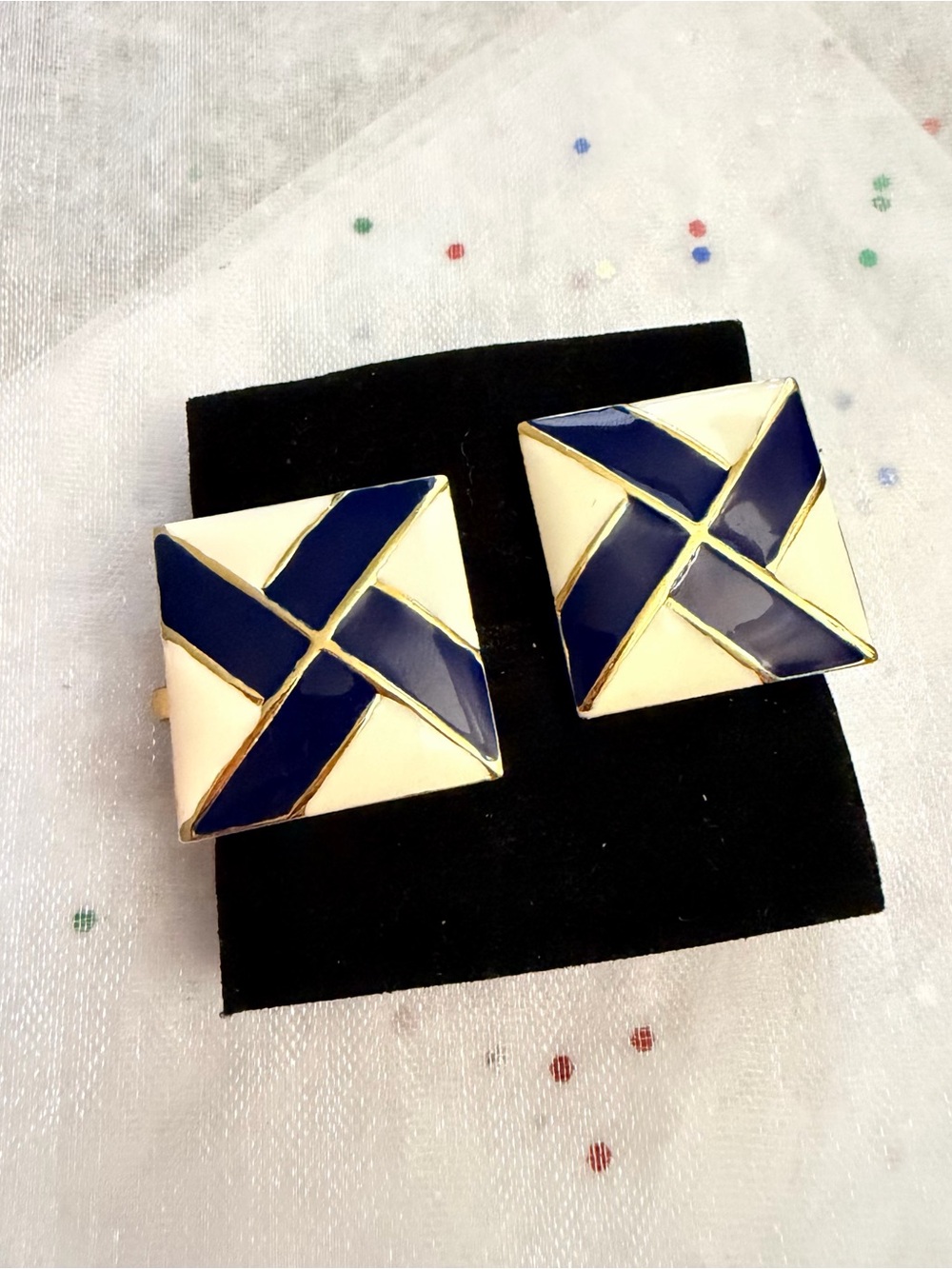 Gold Tone Blue/White Enamel Geometric Square Clip-On Stud Style Vintage Earrings